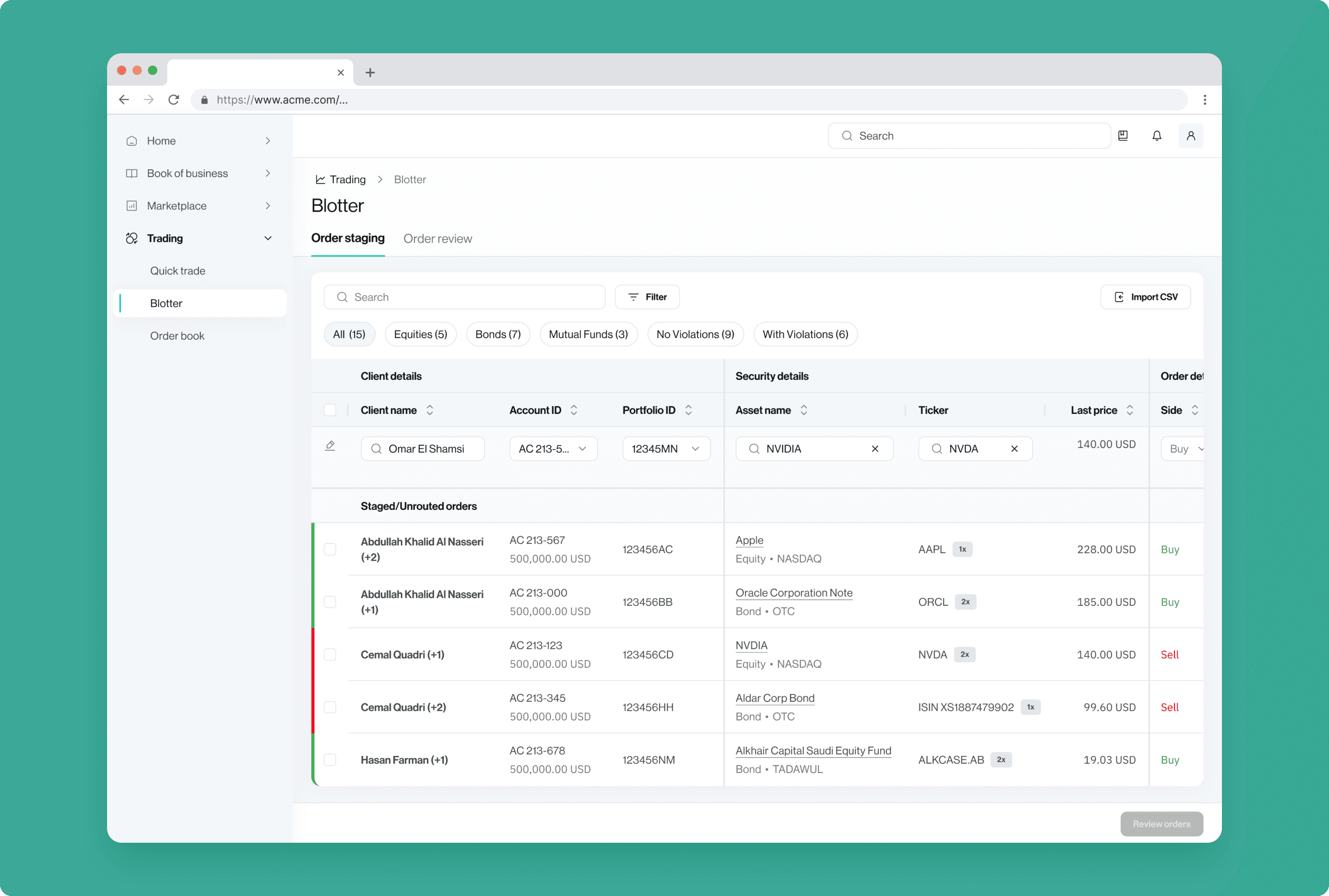 Bulk Trading add-an-order screen