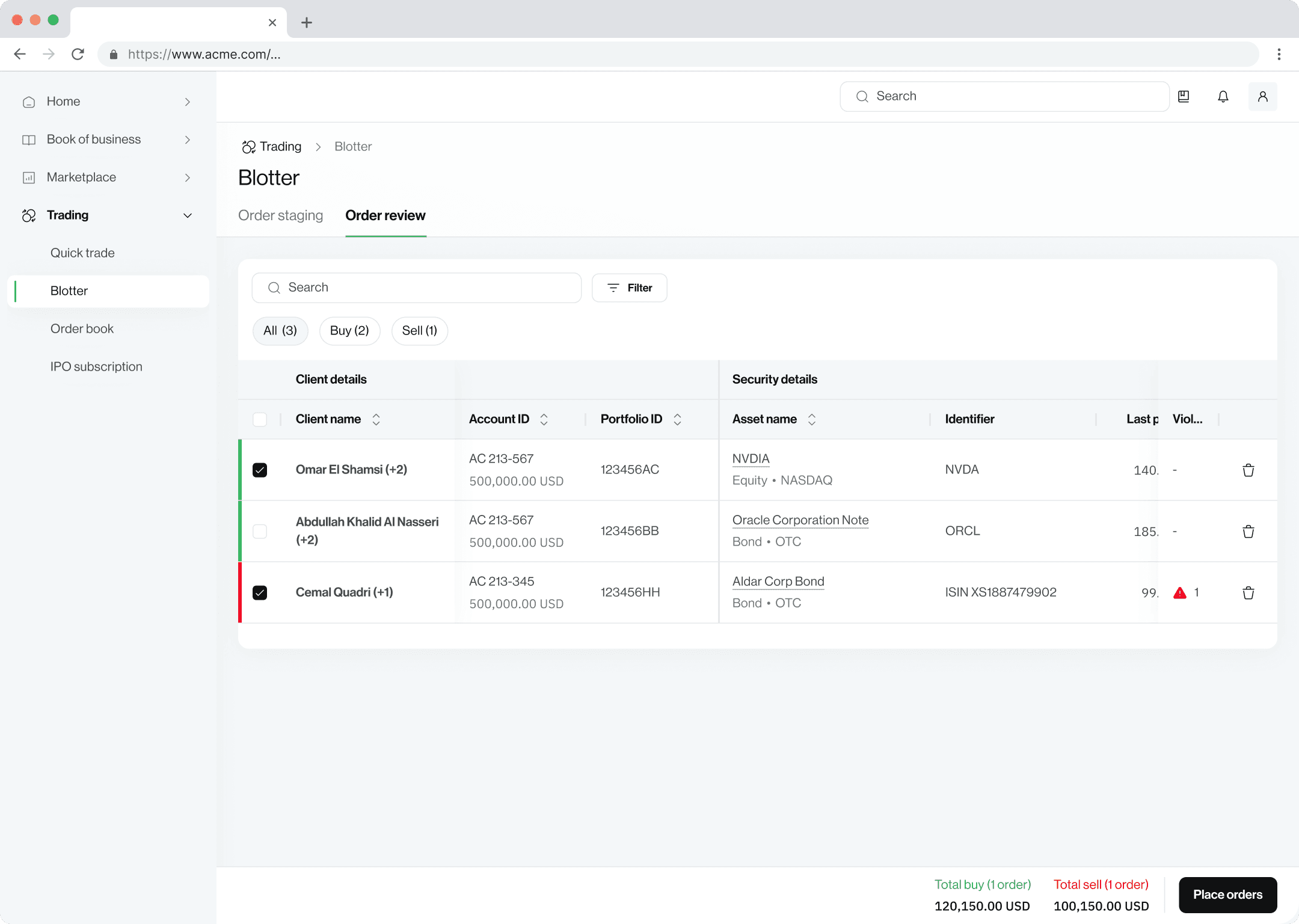 Final review screen showing trade parameters before execution