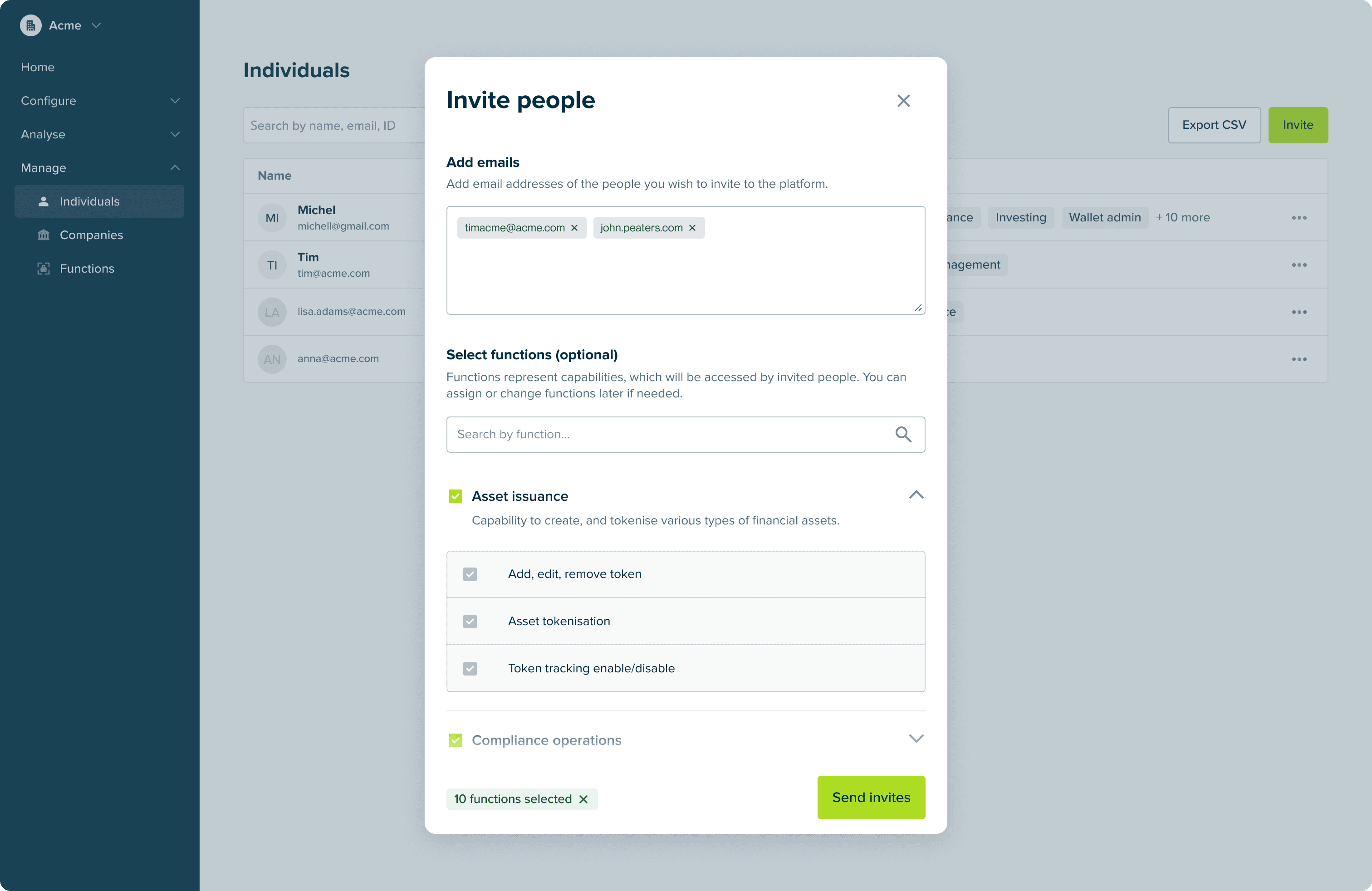 Individuals invite screen with function-based permission selection