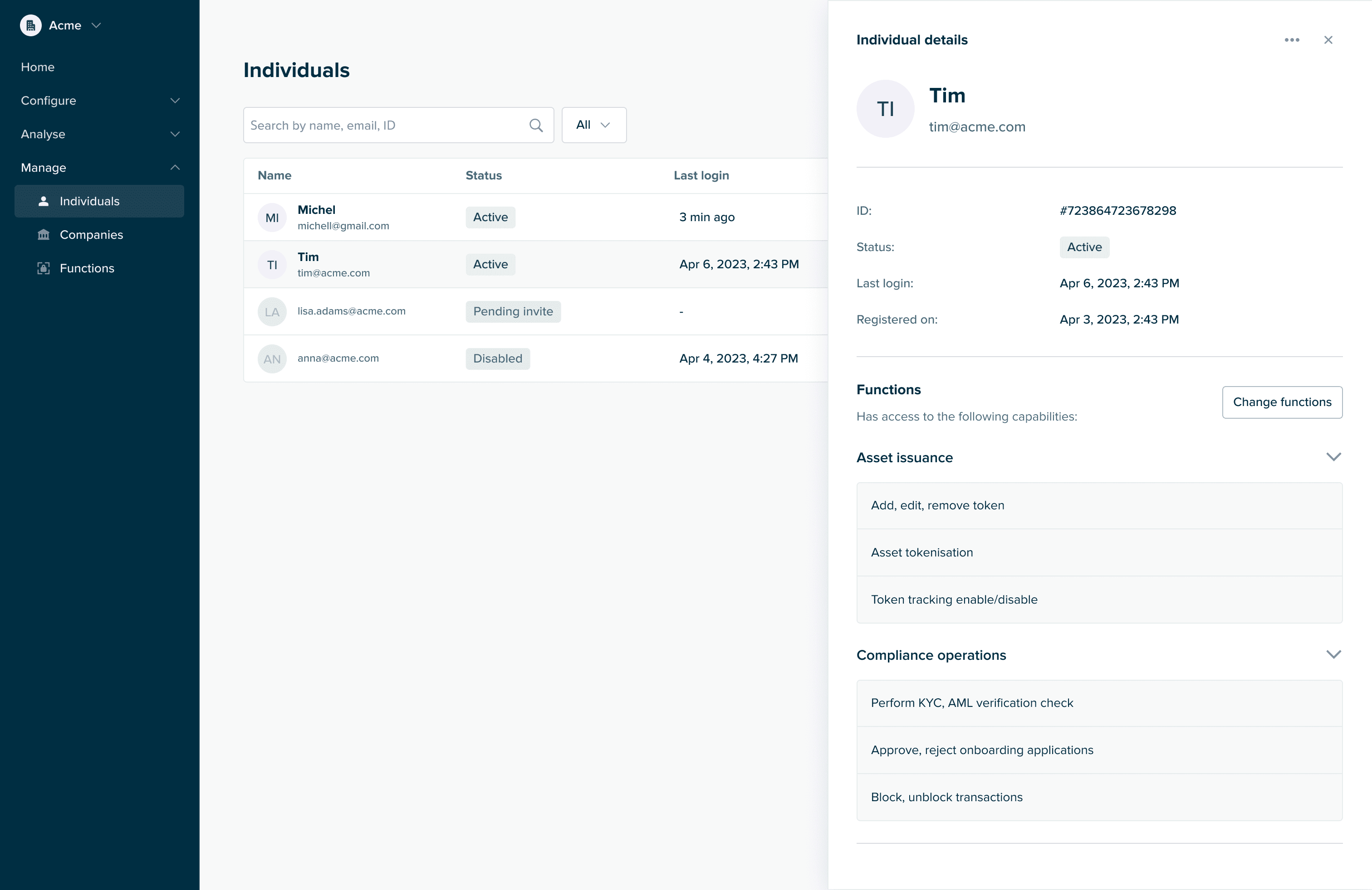 Individual details side drawer previewing a user's status and functions