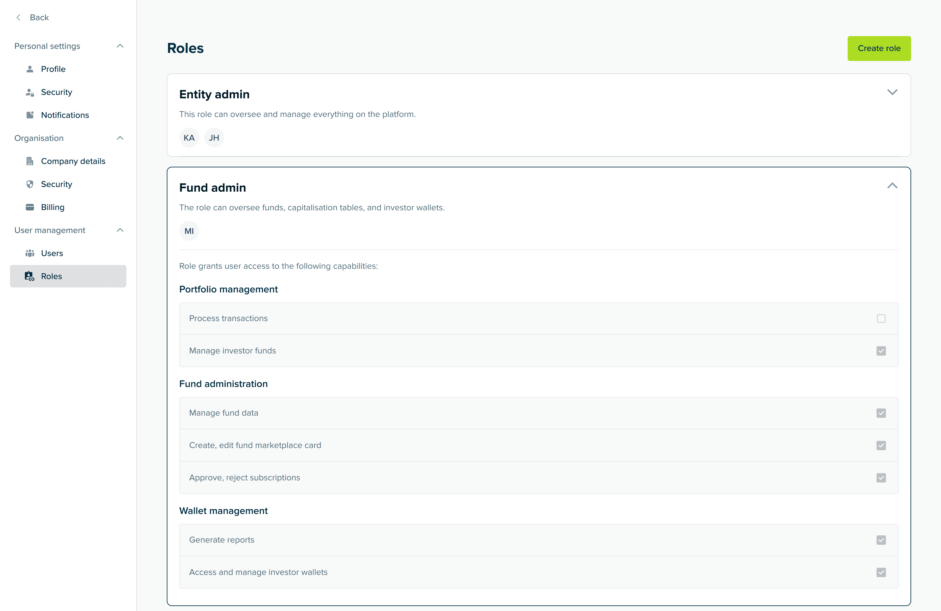 Dedicated roles and permissions management section