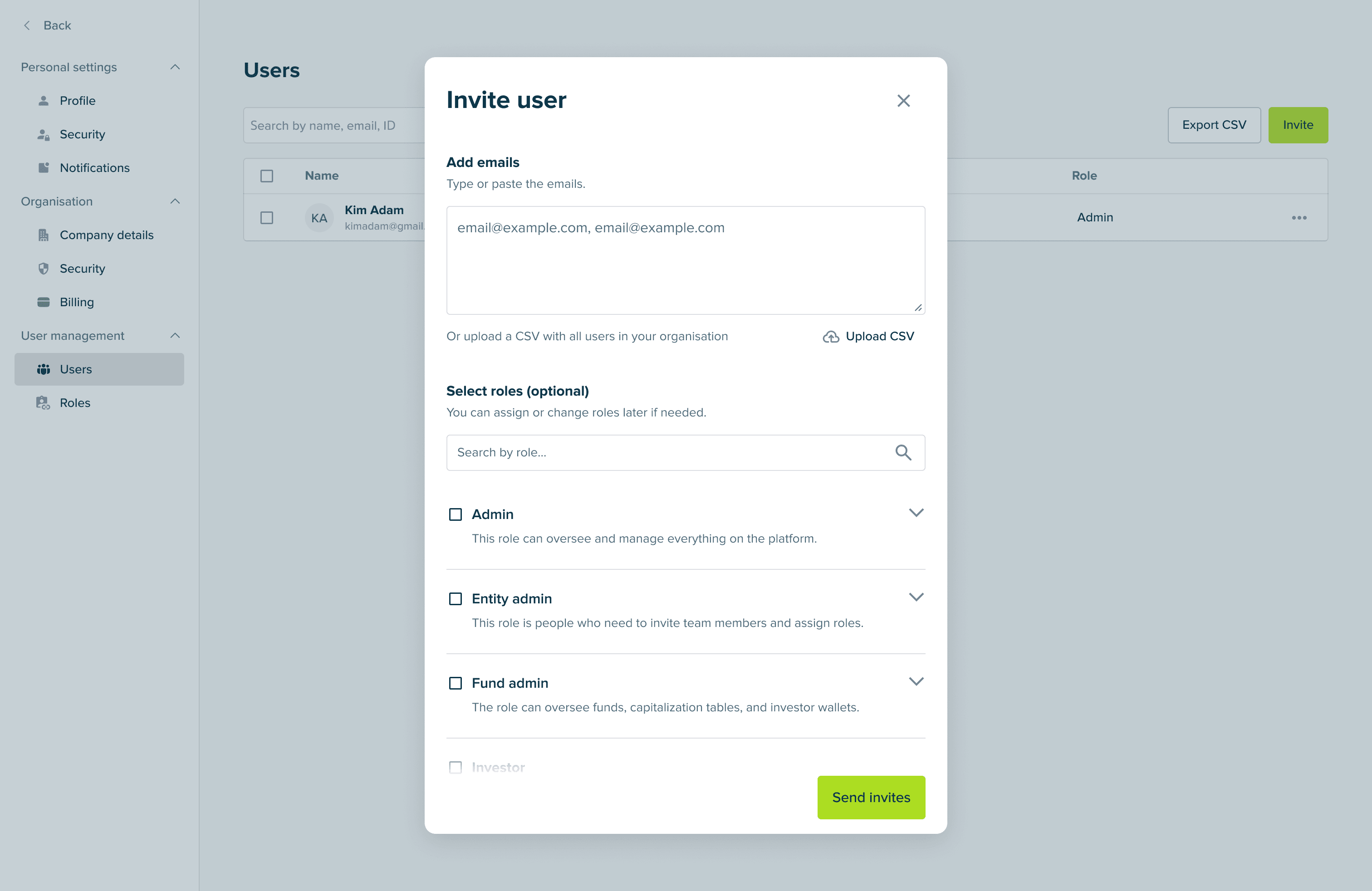 Invite-user screen with role assignment and visible permissions
