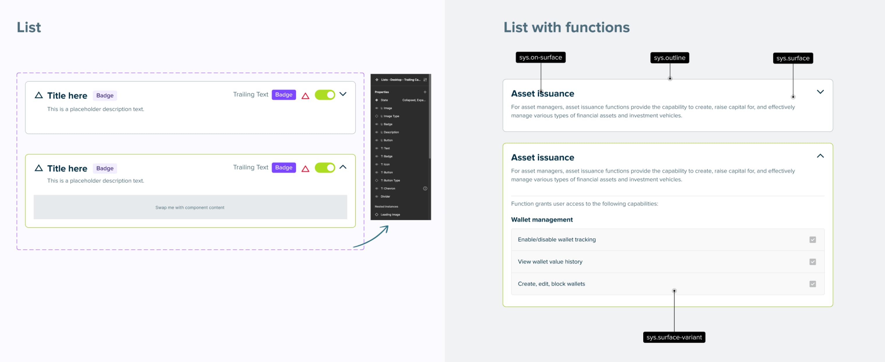 Design-system component anatomy annotated with Material design tokens